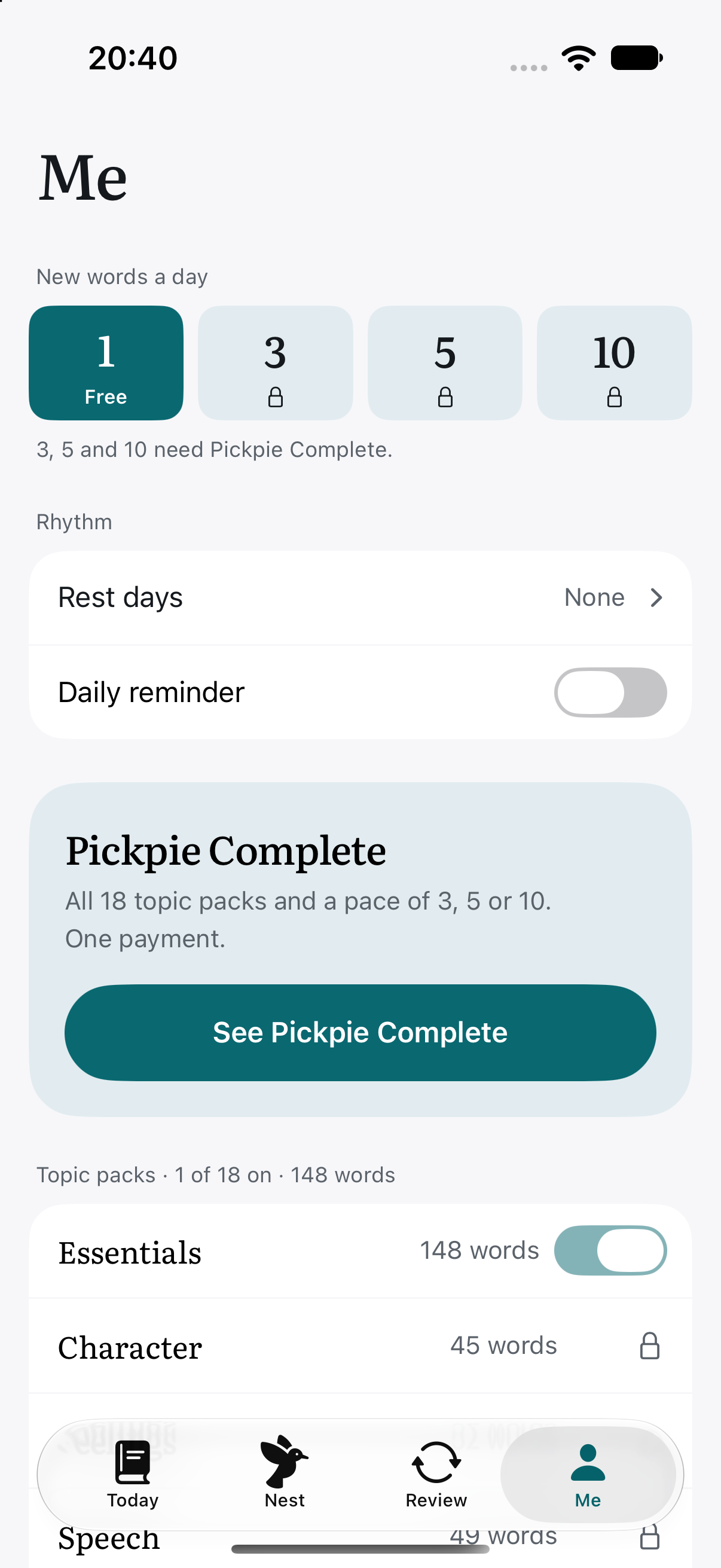 Pickpie Me screen with the daily pace choice, rest days, reminder and topic packs