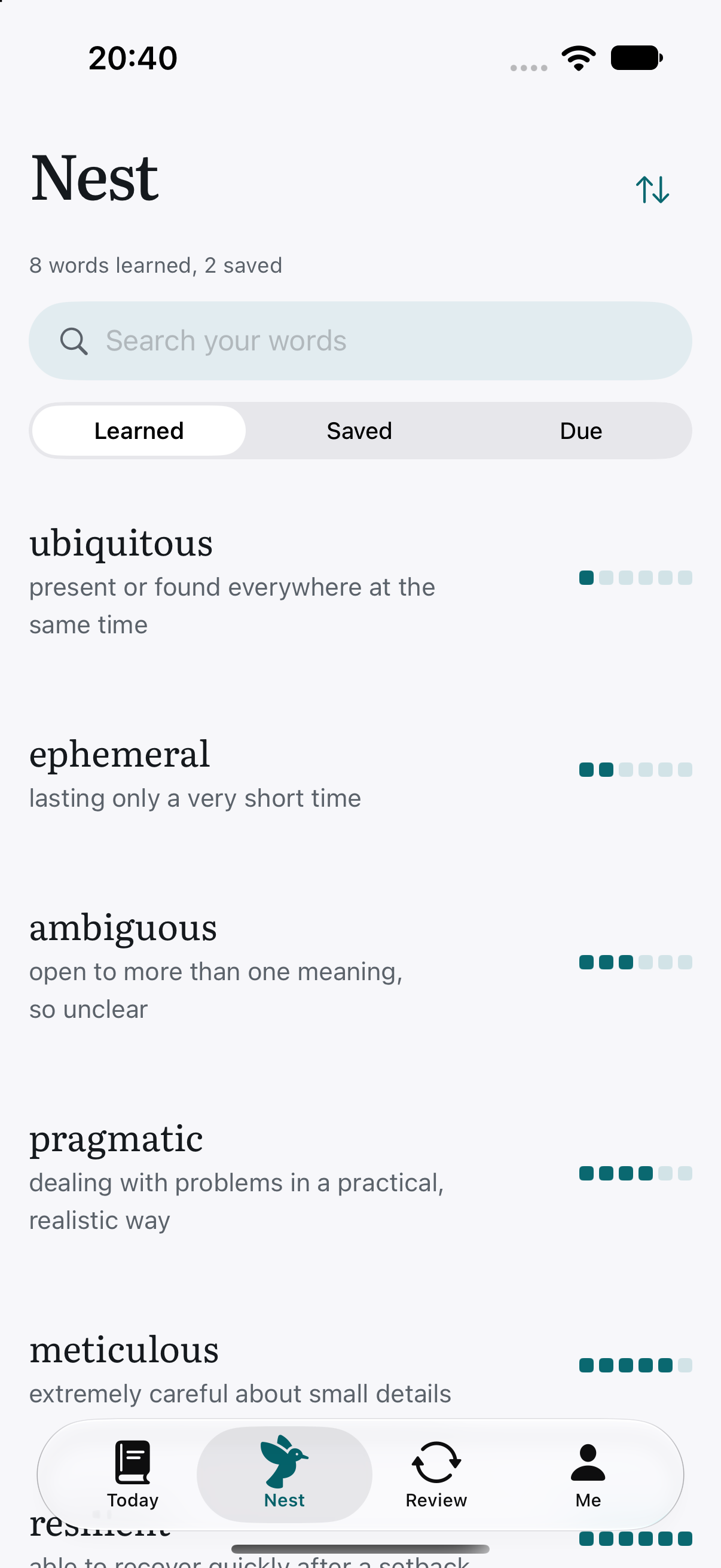 Pickpie Nest screen listing learned words with their definitions