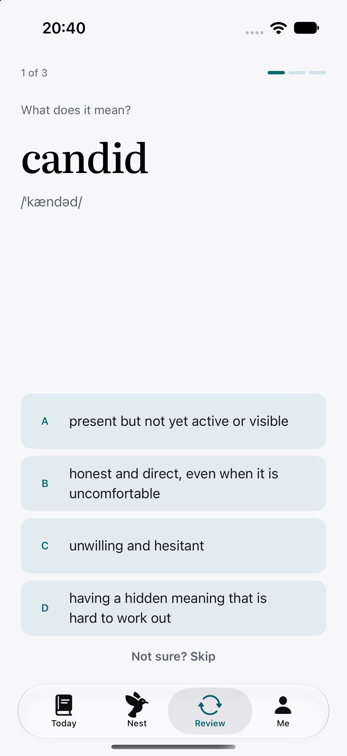 Pickpie Review screen asking what the word candid means, with four lettered answers