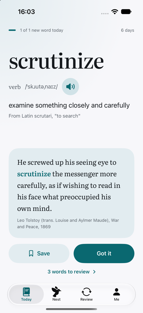 Pickpie Today screen showing the word scrutinize, its definition and a sentence from War and Peace